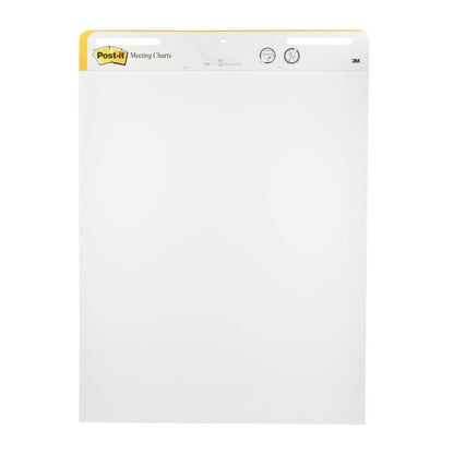 Post-it® Super Sticky selvklæbende mødeplanchart/flipchart 559 fra 3M Deutschland GmbH har 30 hvide ark pr. blok, er 63,5 x 76,2 cm stor, har et gul-hvidt hoved med logo og er vertikalt orienteret til vægmontering. Pakke med 2 blokke.