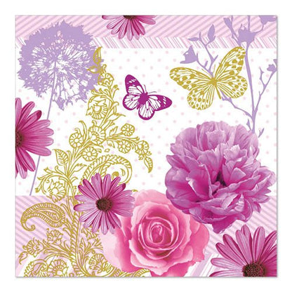PAPSTAR GmbH 20 servietter, 33 cm x 33 cm, 3-lags, sæt 5: Design med lyserøde blomster (rose, pæon, tusindfryd), guld/lilla sommerfugle og snirklet gyldent bladværk på diagonale striber og prikket baggrund.