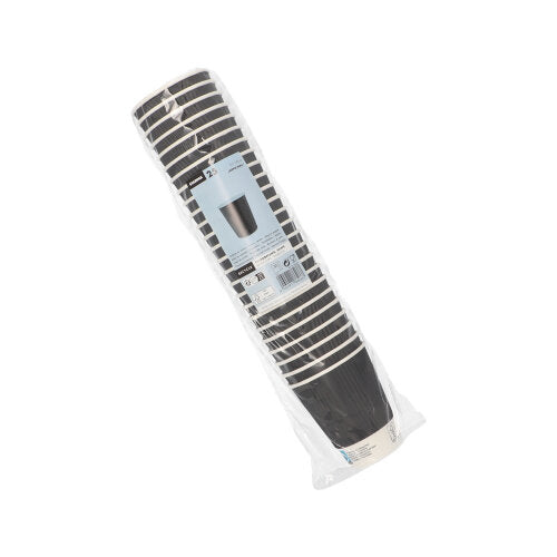 En forseglet plastpakke med 25 Starpak-drikkekopper "To Go" Ripple Wall-engangskopper af sort papir med hvid kant viser produktinformationer og et billede af kopperne på forsiden.