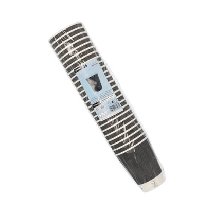 En pakke med 25 sorte Starpak "To Go" Ripple Wall papkopper med hvide striber, indpakket i plastikfolie. Den blå etiket viser mærket Starpak og fremhæver disse stilfulde engangsdrikkekopper foran en hvid baggrund.