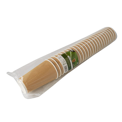 En pakke med 25 "To Go"-papkopper med Ripple Wall fra PAPSTAR GmbH med struktureret overflade, pakket i gennemsigtig plast og med en grøn-hvid produktemærkat.
