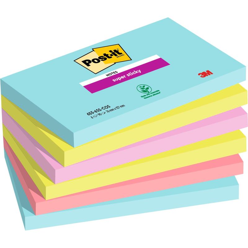 Afbildet er en stak af seks Post-it® Super Sticky Notes (76 mm x 127 mm, 90 ark/blok, 100% PEFC) fra 3M Deutschland GmbH i farverne blå, pink og gul med synligt branding på den øverste blok.