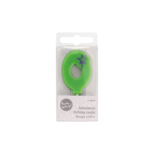 Det grønne Mini-Talllys fra PAPSTAR GmbH med en diameter på 6,8 cm og tallet nul har et violett stjernedesign og leveres i en gennemsigtig æske med den flersprogede tekst 'Fødselsdagslys' - ideel til din fødselsdagsdekoration.