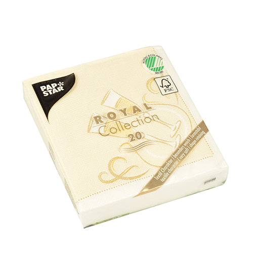 En pakke med 20 PAPSTAR servietter "ROYAL Collection" 1/4-fold, creme, 25x25 cm, FSC-certificeret med gyldent design på emballagen, fra PAPSTAR GmbH.