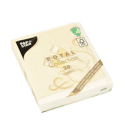 En pakke med 20 PAPSTAR servietter "ROYAL Collection" 1/4-fold, creme, 25x25 cm, FSC-certificeret med gyldent design på emballagen, fra PAPSTAR GmbH.
