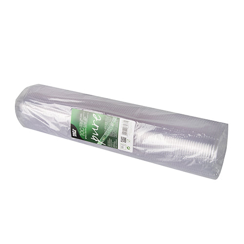En pakke PAPSTAR 100 kuppel-låg, PLA "pure" rund låg (Ø 9,5 cm, højde 4,5 cm, klar) fra PAPSTAR GmbH er indpakket i transparent folie og forsynet med en grøn-hvid fødevareemballage-etiket; lågene er stablet liggende.