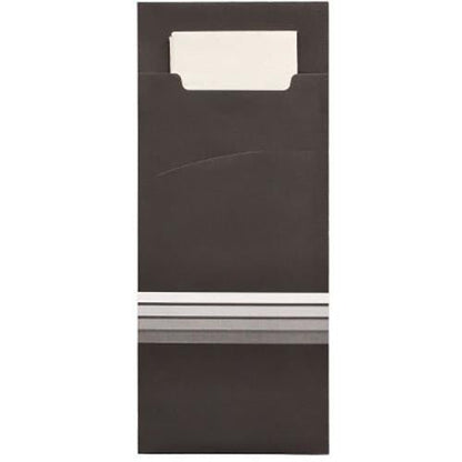 De PAPSTAR 520 bestiklommer fra PAPSTAR GmbH er sorte papirhylstre (20 x 8,5 cm) med tre hvide/grå striber i bunden og en matchende hvid serviet, der er delvist synlig i toppen.