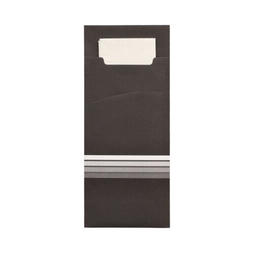 De PAPSTAR 520 bestiklommer (20 x 8,5 cm), sorte med hvid indlæg og tre sølvlinjer, er lavet af materialer af høj kvalitet og indeholder en matchende 2-lags serviet (33 x 33 cm). Producent: PAPSTAR GmbH.