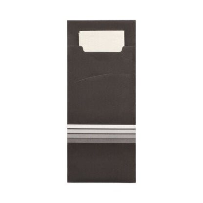 De PAPSTAR 520 bestiklommer (20 x 8,5 cm), sorte med hvid indlæg og tre sølvlinjer, er lavet af materialer af høj kvalitet og indeholder en matchende 2-lags serviet (33 x 33 cm). Producent: PAPSTAR GmbH.