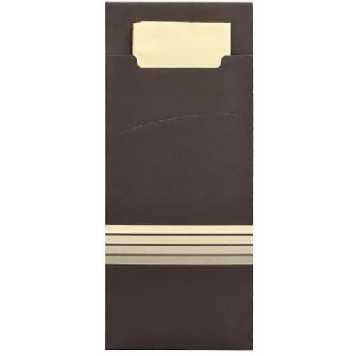 De PAPSTAR 520 bestiklommer (20x8,5 cm) fra PAPSTAR GmbH består af en mørkebrun konvolut med beige striber og en matchende serviet (33x33 cm, 2-lags), lavet af materialer af høj kvalitet – perfekt som stilfuld bestiklomme eller integreret serviet.