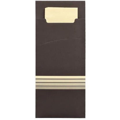 De PAPSTAR 520 bestiklommer (20x8,5 cm) fra PAPSTAR GmbH består af en mørkebrun konvolut med beige striber og en matchende serviet (33x33 cm, 2-lags), lavet af materialer af høj kvalitet – perfekt som stilfuld bestiklomme eller integreret serviet.