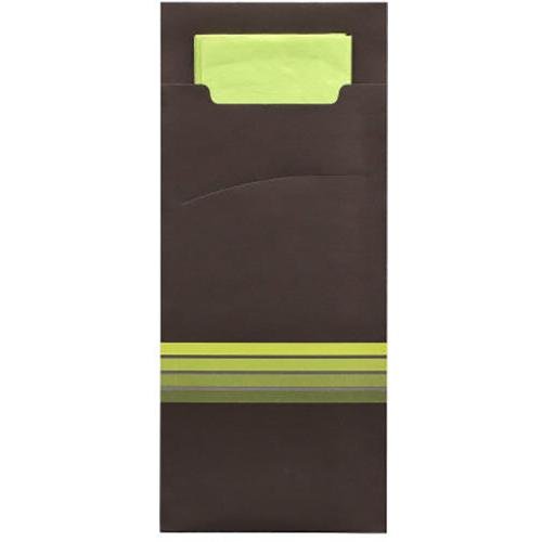 En PAPSTAR GmbH 520 bestiklomme (20 x 8,5 cm) med tre gulgrønne striber i bunden, hvori der er en matchende foldet lysegrøn 2-lags serviet i formatet 33 x 33 cm, der er delvist synlig gennem den åbne top.