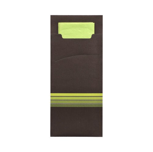 De PAPSTAR 520 bestiklommer fra PAPSTAR GmbH er mørkebrune bestiklommer med grøn-grå stribede kanter i bunden, hvori der er en matchende lysegrøn serviet. Bestiklommens mål er 20 x 8,5 cm og ledsages af en 33 x 33 cm stor, tolags serviet.