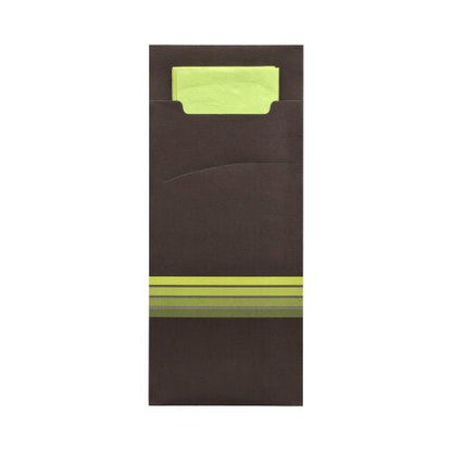 De PAPSTAR 520 bestiklommer fra PAPSTAR GmbH er mørkebrune bestiklommer med grøn-grå stribede kanter i bunden, hvori der er en matchende lysegrøn serviet. Bestiklommens mål er 20 x 8,5 cm og ledsages af en 33 x 33 cm stor, tolags serviet.