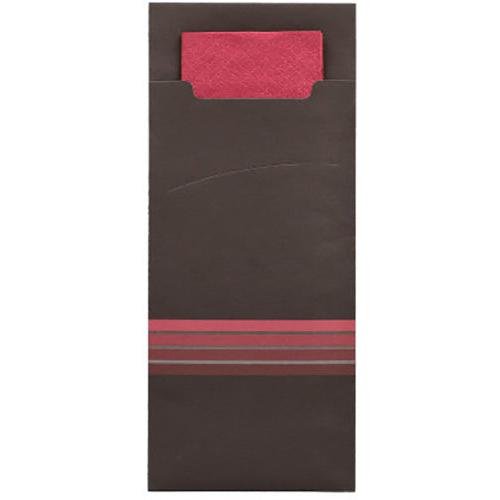 En mørkebrun PAPSTAR 520 bestiklommekonvolut (20x8,5cm) fra PAPSTAR GmbH med en matchende rød serviet, der er delvist synlig indeni, har tre vandrette røde og grå striber i bunden.