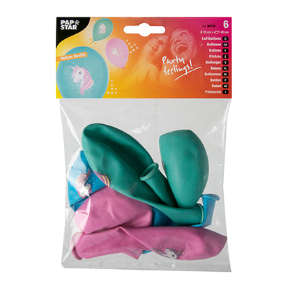 En gennemsigtig plastikpakke med seks farverige balloner (Ø 29 cm) fra PAPSTAR GmbH med enhjørning-tryk. Den øverste etiket viser „PAPSTAR“ samt billeder af balloner og smilende mennesker. Tilgængelig i blå, grøn og pink.