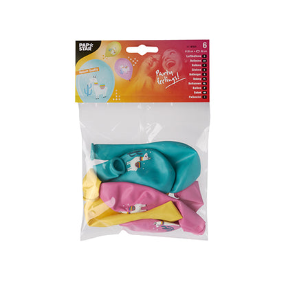 En pakke med seks gennemsigtige balloner fra PAPSTAR GmbH (29 cm) i gul, pink og blågrøn, hver med lama-tryk. Den øverste etiket er rød-orange og bærer teksten „PAPSTAR“ og „Party Feeling!“. Produkt: PAPSTAR 6 luftballoner farvet sorteret.