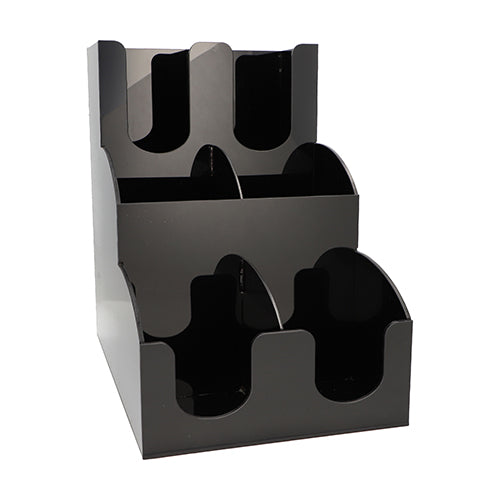 Der Starpak Spender für Trinkbecher und Deckel "To Go" ist ein schwarzer, dreistufiger Acryl-Organisator mit sechs offenen Fächern in zwei Spalten - perfekt, um Becher, Deckel, Broschüren oder Prospekte übersichtlich zu präsentieren und zu verteilen.