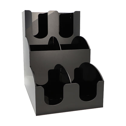 Der Starpak Spender für Trinkbecher und Deckel "To Go" ist ein schwarzer, dreistufiger Acryl-Organisator mit sechs offenen Fächern in zwei Spalten - perfekt, um Becher, Deckel, Broschüren oder Prospekte übersichtlich zu präsentieren und zu verteilen.