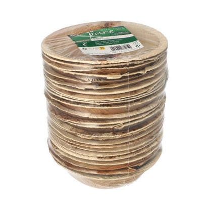 PAPSTAR 25 skåle, palmeblad "pure" rund fra PAPSTAR GmbH: Runde, biologisk nedbrydelige skåle af palmeblad, pakket i folie med grøn-hvid etiket - ideel til bæredygtige arrangementer.