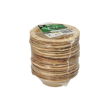 25 runde palmebladsskåle fra mærket PAPSTAR GmbH, serie "pure", i miljøvenlig klar emballage med grøn-hvid etiket – perfekt til bæredygtige events.