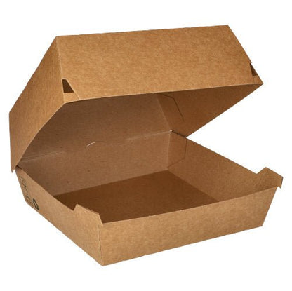 Den afbildede, åbne PAPSTAR Burgeræske af brunt pap (9x18,5x18,5 cm) er tom og fremstillet af ubleget kraftpapir. Pakningsstørrelse: 25 stk., »100 % Fair«, fremstillet af PAPSTAR GmbH.