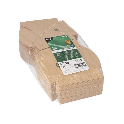 PAPSTAR pommes frites-skuffe (80 stykker), brun, 11x11,5 cm, lavet af 100% fair karton fra PAPSTAR GmbH, pakket i klar folie. Inklusiv grøn-hvid etiket med produktinfo - ideel til fastfood-restauranter.