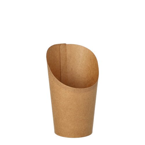 De PAPSTAR GmbH 50 Wrap Cups af brun pap med skrå kant er miljøvenlige og ideelle til fester og arrangementer. Produktet står foran hvid baggrund.