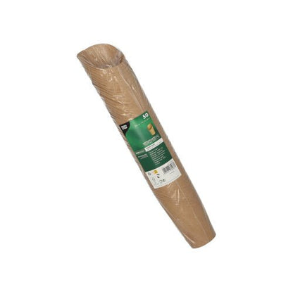 På hvid baggrund er en skråtliggende rulle af brune PAPSTAR 50 Wrap Cups (brun pap) afbildet, der er indpakket i gennemsigtig folie og har en grøn-hvid etiket fra PAPSTAR GmbH.