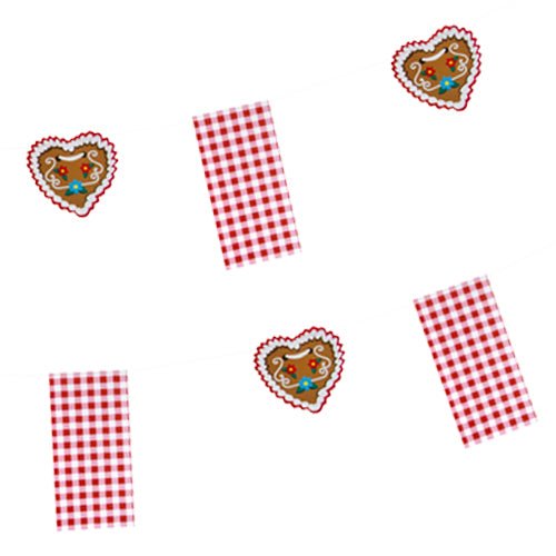 Den PAPSTAR papirflagkæde "Hüttengaudi" (4 m) fra PAPSTAR GmbH er en festlig festdekoration med rød-hvid ternede flag og hjerteformede honningkagemotiver, der er dekoreret med hvidt og blåt glasur. Baggrunden er ensfarvet hvid.