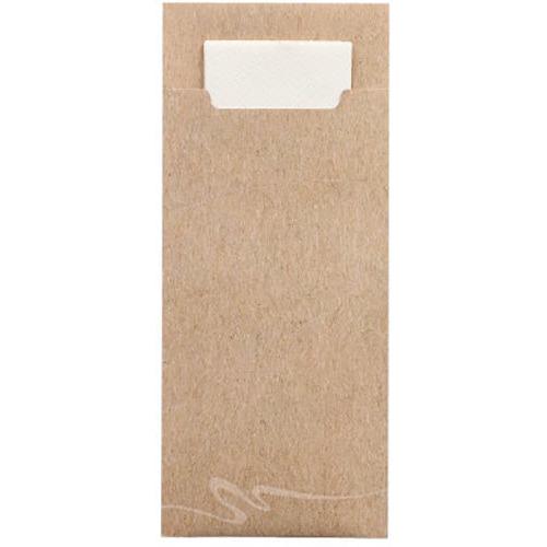 Et papirhylster PAPSTAR 520 bestikposer (20 x 8,5 cm, 2-lags) fra PAPSTAR GmbH rummer en matchende hvid serviet (33 x 33 cm), der er delvist synlig øverst og har en udskæring for nem adgang til den integrerede serviet.