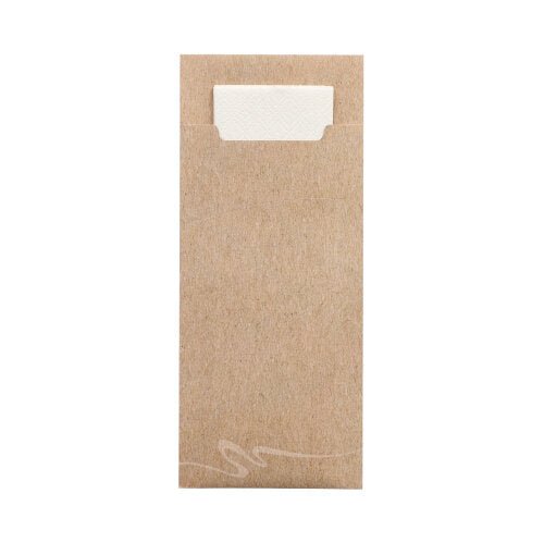 En brun PAPSTAR 520 bestikpose (20x8,5 cm, 2-lags) fra PAPSTAR GmbH viser øverst en fremtrædende hvid, foldet serviet og nederst et diskret hvidt design på simpel hvid baggrund.