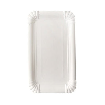 Den PAPSTAR pap-tallerken firkantet 13x20 cm, hvid, "pure" (12 styk) fra PAPSTAR GmbH tilbyder en rektangulær, miljøvenlig mulighed med riflede kanter og afrundede hjørner - ideel til festlig servering.