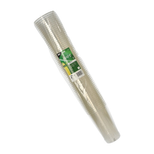 En pakke med 60 stk PAPSTAR kolde drikkebæger PLA "pure", gennemsigtig (Ø 9,5 cm, 15,14 cm), fra PAPSTAR GmbH, biologisk nedbrydelig, stablet og pakket i gennemsigtig folie med grøn-hvidt label.