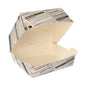 De PAPSTAR burgerbokse "Newsprint" stor (7,8x11x11,5 cm, pap), fra PAPSTAR GmbH, er åbne og tomme med deres avispapir-design på hvid baggrund. Pakken indeholder 50 stykker i krympefolie.