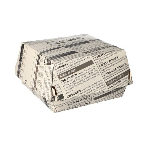 De PAPSTAR burgerbokse "Newsprint" stor (7,8x11x11,5 cm, pap | krympefolie, 50 stykker) fra PAPSTAR GmbH er lukkede fødevarebeholdere med sort-hvidt avispapir-motiv på ensfarvet hvid baggrund.