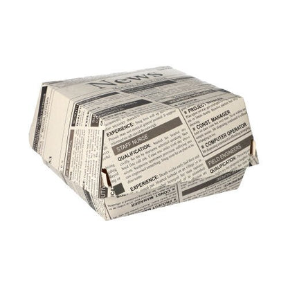 De PAPSTAR burgerbokse "Newsprint" stor (7,8x11x11,5 cm, pap | krympefolie, 50 stykker) fra PAPSTAR GmbH er lukkede fødevarebeholdere med sort-hvidt avispapir-motiv på ensfarvet hvid baggrund.