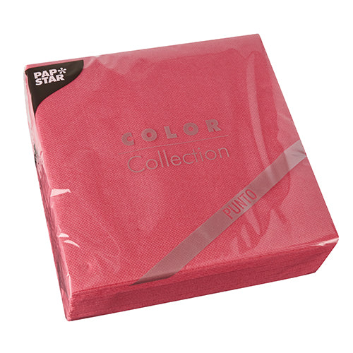 Eine Packung mit 30 PAPSTAR-Servietten „PUNTO“ in Rot, 2-lagig (38x38 cm, 1/4-Falz) in Klarsichtfolie mit „Color Collection“-Etikett und PAPSTAR-Logo – ideal für die stilvolle Tischdekoration.