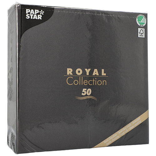 En sort pakke fra PAPSTAR GmbH med påskriften „ROYAL Collection 50“ (48 x 48 cm, 1/4-fold) viser guld- og hvid tekst, et grønt genbrugssymbol i det øverste højre hjørne og indeholder 50 servietter af høj kvalitet.