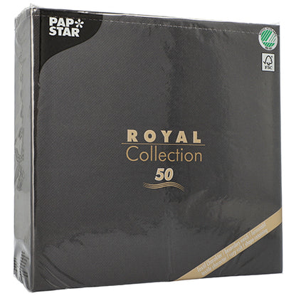 En sort pakke fra PAPSTAR GmbH med påskriften „ROYAL Collection 50“ (48 x 48 cm, 1/4-fold) viser guld- og hvid tekst, et grønt genbrugssymbol i det øverste højre hjørne og indeholder 50 servietter af høj kvalitet.