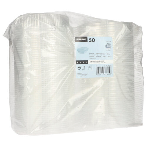 En gennemsigtig plastemballage indeholder 50 Starpak ottekantede gennemsigtige PP-engangsbægre med klaplåg. Etiketten indeholder Starpak-mærket, produktdetaljer og genbrugsinformation på flere sprog.