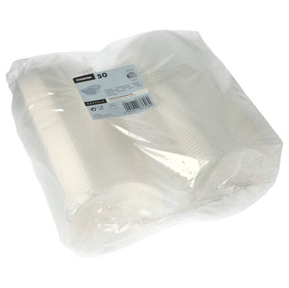 En forseglet plastemballage med 50 Starpak emballagebægre med klaplåg, PP, gennemsigtig, ottekantet, hver bæger mærket med mængde- og produktinformation.