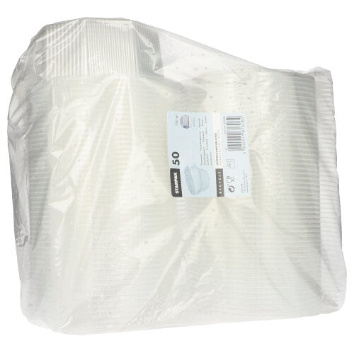 En gennemsigtig plastemballage med 50 Starpak emballagebægre med klaplåg, ottekantede gennemsigtige PP-bægre, har en rektangulær hvid etiket med produktinformation og en stregkode.