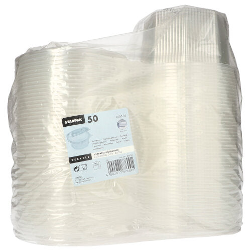 Starpak 50 emballagebægre med klaplåg er gennemsigtige, ottekantede engangsbægre af PP, pakket i en gennemsigtig plastbeholder med en etiket med detaljeret produktinformation, mængdeoplysninger og genbrugsinformation.