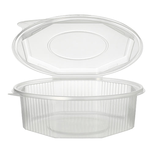 En transparent, 8-kantet Starpak emballagebæger (1,5 l, 5,9 x 18 x 18 cm) med klaplåg kan åbnes og giver et kig på det tomme indhold. PP-beholderen har lodrette sideribber og en glat, flad bund. Tilgængelig som en pakke med 25 stykker med folie.