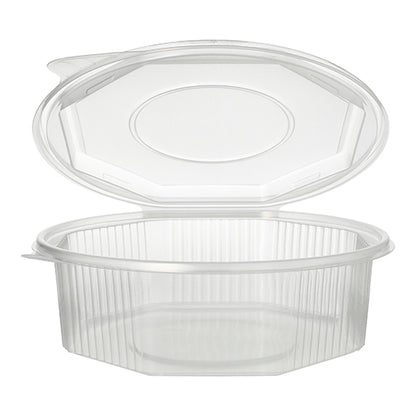 En transparent, 8-kantet Starpak emballagebæger (1,5 l, 5,9 x 18 x 18 cm) med klaplåg kan åbnes og giver et kig på det tomme indhold. PP-beholderen har lodrette sideribber og en glat, flad bund. Tilgængelig som en pakke med 25 stykker med folie.