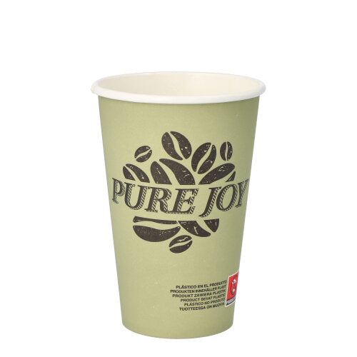 En lysegrøn PAPSTAR GmbH papkrus "Pure Joy" (Ø 8 cm, 11,7 cm høj) med kaffebønne motiv og en lille rød-hvid etiket nær bunden, afbildet lodret på hvid baggrund. Pakken indeholder 20 kopper.