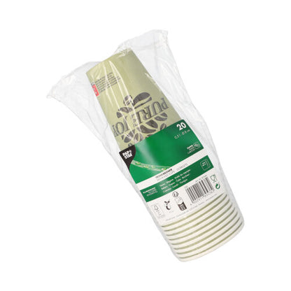 En 20-pakning PAPSTAR papkrus grøn "Pure Joy" (Ø 8 cm, 11,7 cm høj) fra PAPSTAR GmbH, stablet med en grøn-hvid etiket med produktinformationer, genbrugssymboler og en stregkode, pakket i plastik.