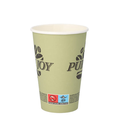 Et lysegrønt PAPSTAR GmbH "Pure Joy" papkrus (Ø 8 cm, 11,7 cm høj, 20 stk.) med sort "ENJOY"-tekst, kaffebønne motiv og en rød-blå advarselsetiket nederst med oplysninger om plastikindholdet.