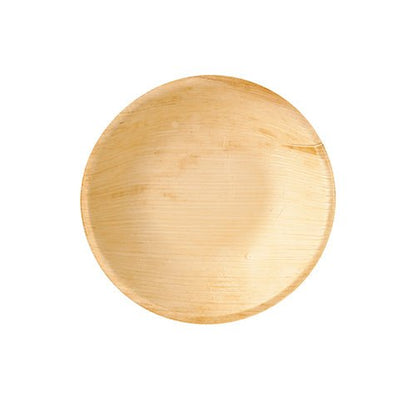 En rund, flad PAPSTAR palmebladsskål (17,5 cm, 6 stk. sæt), miljøvenlig, med glat overflade fotograferet ovenfra mod hvid baggrund.